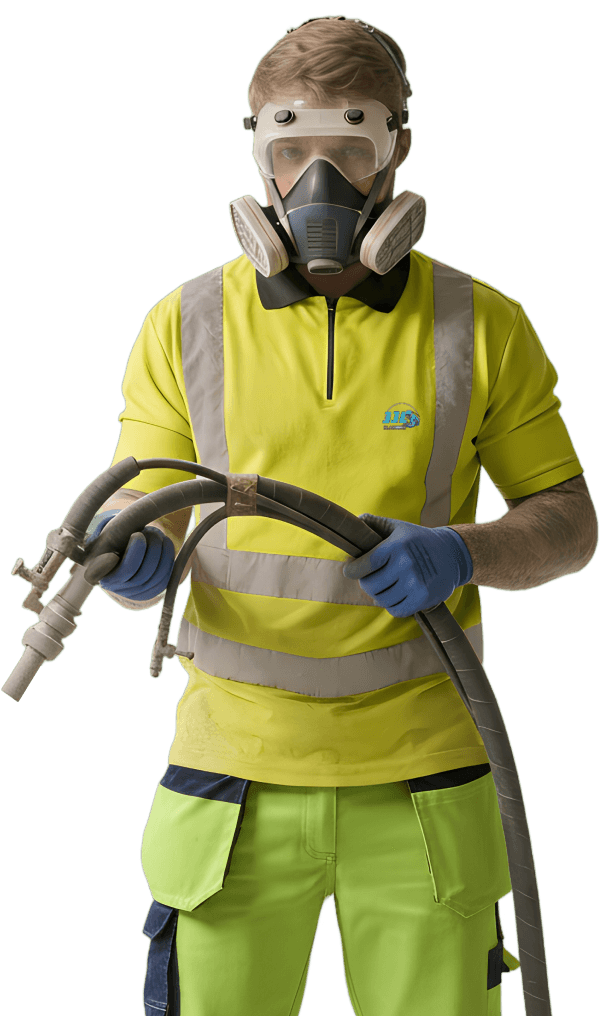 Person wearing high vis clothing wearing mask and goggles holding sand blasting hose.