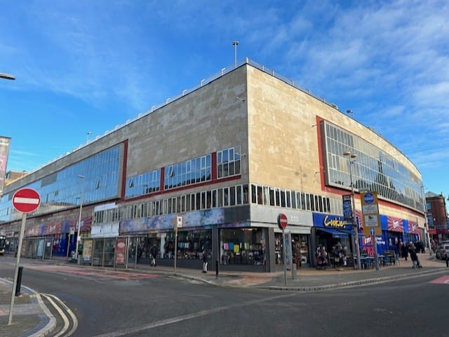 Wide angled after view of MBH shops in Blackpool town centre.