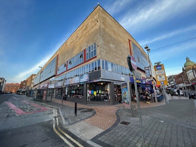 Wide angled after view of MBH shops in Blackpool town centre.