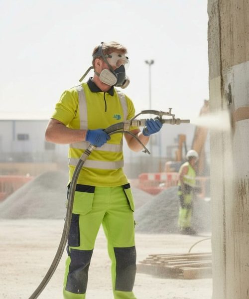 JJL Worker dry blasting wooden beams outdoors.